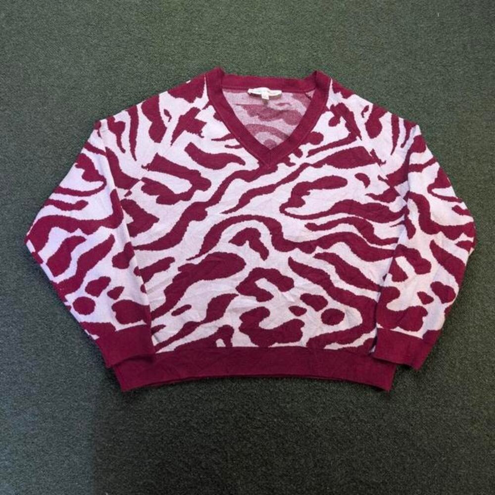 CHELSEA & THEODORE Womens Abstract Zebra Animal Print V-Neck Sweater Burgundy L